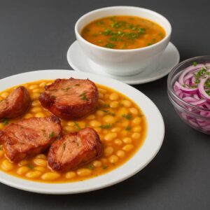 Ciorba de fasole cu afumatura, iahnie cu ciolan si salata de ceapa